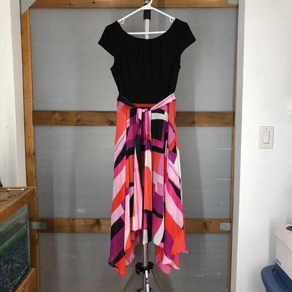 SLNY Black Scoop Neck Cap Sleeve Chiffon Multicolor Asymmetrical Maxi Dress Sz 8 - Picture 1 of 16
